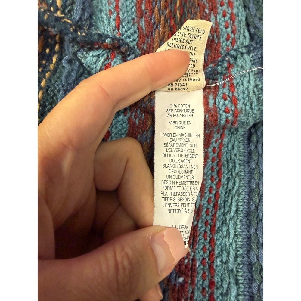 LL Bean Womens Blue Fair Isle Shawl Collar Open Front Cardigan Cabin Grandpa  L - Picture 13 of 14